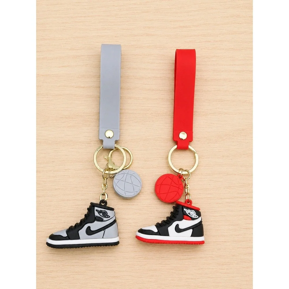 Mini High Top Sneaker Keychains Set of 2 Gray & Red Shoe Charms w/ Wrist Straps